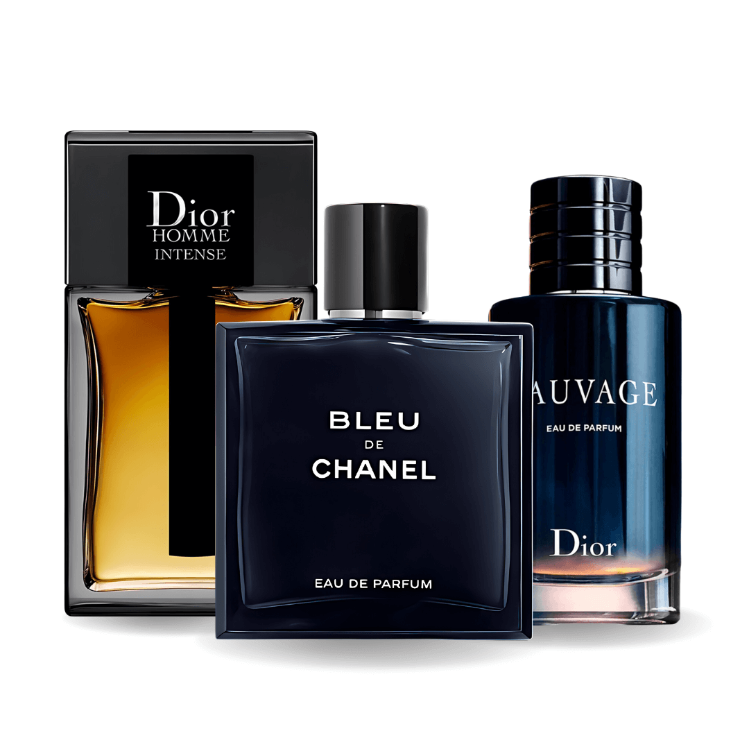 Kit 3 em 1 Perfumes Dior Sauvage, Dior Homme Intense,  Bleu de Chanel