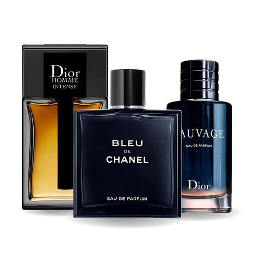 Kit 3 em 1 Perfumes Dior Sauvage, Dior Homme Intense,  Bleu de Chanel