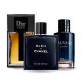 Kit 3 em 1 Perfumes Dior Sauvage, Dior Homme Intense,  Bleu de Chanel