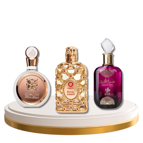 Kit 3 em 1 Arabe Fakhar Rose, Sabah Al Ward, Royal Amber